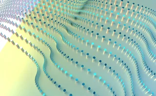 Abstract data visualization with rows of illuminated dots forming wave-like patterns, symbolizing digital data streams, analytics, and artificial intelligence