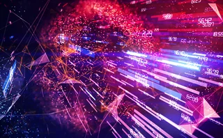 Stylised computerised data with geometric shards and dots moving dynamically and chaotically