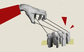 abstract image of people-like figures being manipulated like puppets by a hand with strings connecting to them