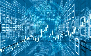 Abstract blue digital finance background featuring an upward-trending stock market candlestick chart, a dotted global map, and big data numerical displays