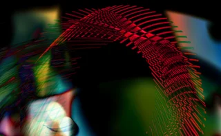 Abstract digital art featuring a glowing red geometric wave or mesh structure on a dark background with colorful blurred light effects, representing futuristic data flow, AI networks and technology visualisation