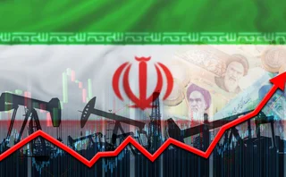 Iran flag superimposed with an upward line chart and oil fields
