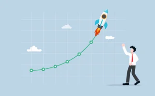An illustration of a man looking at a rocket taking off. Its contrail is a growth line graph. 