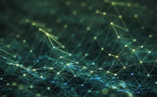 Abstract digital network of connected nodes and data points forming a neural-like grid, representing artificial intelligence, machine learning systems, and interconnected data infrastructure