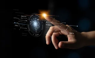 Human hand interacting with a digital interface, visualising elements of AI