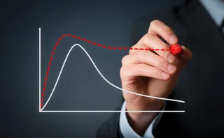 Two lines are seen on a graph. On ehas a steep drop, but the other, which has been drawn on by a hand, has a much smoother descent