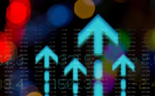 Blue upward pointing arrows with some generic data in the background