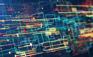 Abstract 3D quantum circuit network visualisation with glowing data nodes and intricate digital connections