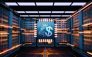 Data centre servers accessed by microchip embedded with currency symbols