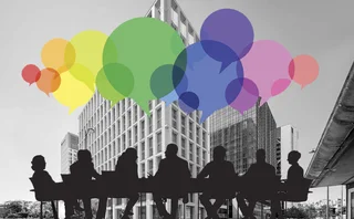 Esma headquarters in the background. In the foreground is a silhouette of people sitting round a meeting table with colourful speech bubbles 
