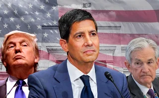 Montage of Trump, Warsh and Powell against a backdrop on the Fed and a US flag