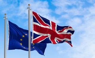 UK flag in front of EU flag 