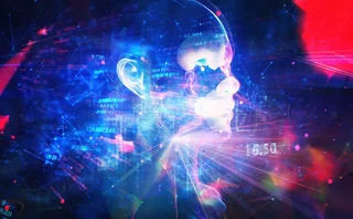AI-generated face in a dreamlike digital landscape