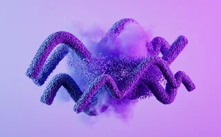 Abstract 3D particle waves in purple and blue tones, forming dynamic ribbon-like shapes against a soft gradient background – a conceptual visualisation of digital transformation, AI and data technology