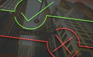 Yes and No symbols over Wall Street sign and buildings