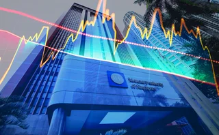 Monetary Authority of Singapore building overlaid with abstract digital graph