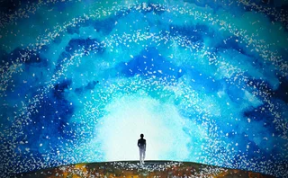 Illustration styled like a watercolour painting of a human standing on the horizon with a bright sky above