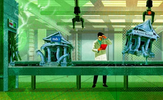 Illustration of a production line machine that is ‘making’ banks, but SVB bank and Credit Suisse have come out wonky. Some technicians are trying to fix the machine.