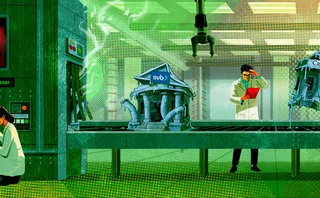 Illustration of a production line machine that is ‘making’ banks, but SVB bank and Credit Suisse have come out wonky. Some technicians are trying to fix the machine.