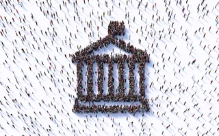 Human crowd forming a bank symbol on white background.