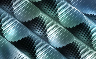 Abstract geometric pattern of interlocking metallic structures in blue and green tones
