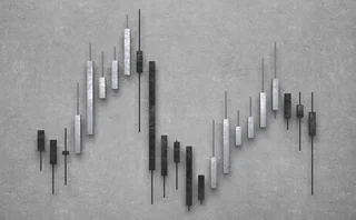 Monochrome financial trading chart with black and silver candlesticks on a textured grey background, representing stock market price movements, investment trends and financial market volatility