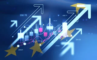 Abstract chart with glowing candlesticks, arrows, and financial numbers overlaying a blue background with EU stars