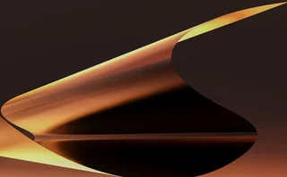 Abstract 3D artwork featuring flowing metallic ribbons in copper, amber and gold against a dark brown background.
