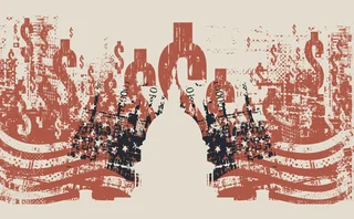 Grungy illustration of dollar symbols bisected by silhouette of US Senate