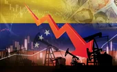 Oil well, petrol stations and downward arrow superimposed over the Venezuelan flag, showing economic decline