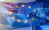 Montage of the world map as a polygon graphic overlaid on top of EU flags