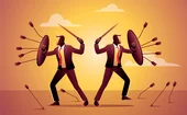 Cartoon of businessmen using shields to protect against arrows that have been fired at them
