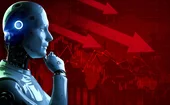 A thoughtful robot is placed against a background of financial crisis charts