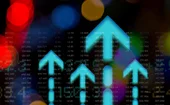 Blue upward pointing arrows with some generic data in the background