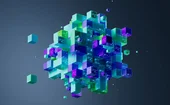 Abstract image of digital readouts on boxes floating in the ether