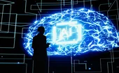 A scientist-looking woman checks a clipboard in from of a holographic AI brain