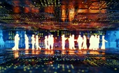 White silhouettes of people in front of a VR background