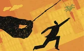 A man in silhouette chases a carrot being dangled in front by a large hand