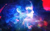 AI-generated face in a dreamlike digital landscape