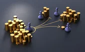 A pile of gold coins is seen to the left, then a serious of arrows leading away from that pile lead to three other areas of coins