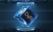 The words DeFi on a dark blue cube, with a background of 3D-rendered blockchain
