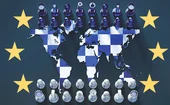 Chessboard against global map surrounded by EU stars