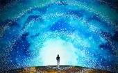 Illustration styled like a watercolour painting of a human standing on the horizon with a bright sky above