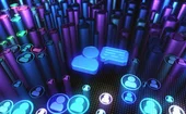 3D icon of central person speaking to icons of humans in circles on pillars 
