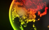 Glowing globe focusing on Asia, with countries coloured green, red and yellow over a glowing grid