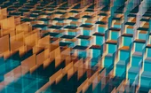 Abstract geometric pattern of translucent rectangular structures in turquoise, teal and amber, creating a layered three-dimensional grid.