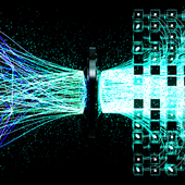 Large, net-style lines of digital data flow into a computer, exiting in more compressed and ordered lines