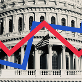 US Senate building overlaid with diverging blue and red CPI lines
