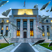 Federal Reserve building with shards of shattered glass around it
