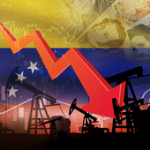 Oil well, petrol stations and downward arrow superimposed over the Venezuelan flag, showing economic decline